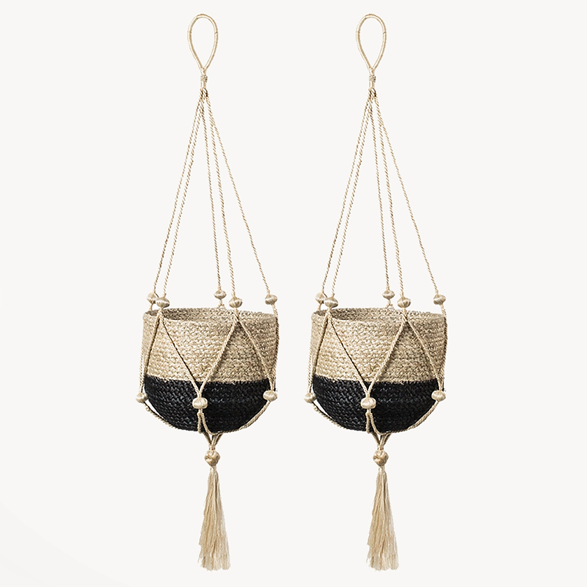 Pair of handmade Korissa hanging planters in black and natural jute
